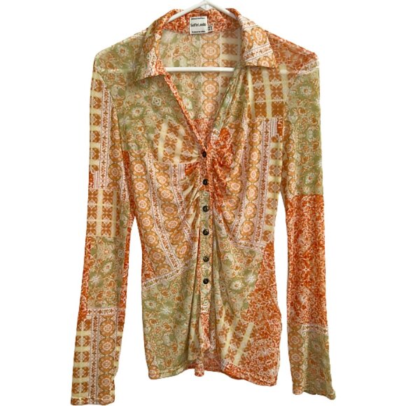 Selfie Leslie Milla Button Up Sheer Blouse Orange Long Sleeve Top Size Small - Picture 4 of 8